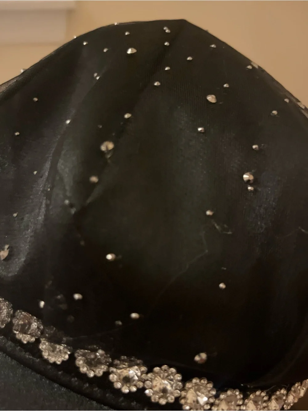 Black Embellished Newsboy Cap with Rhinestone Trim